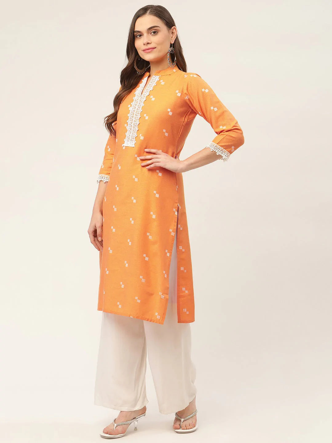 Women Orange Cotton Jacquard Geometric Printed Kurta ( JOK 1431 Orange )