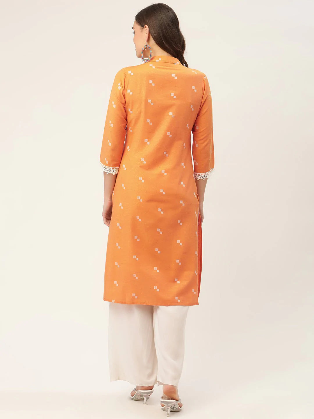 Women Orange Cotton Jacquard Geometric Printed Kurta ( JOK 1431 Orange )