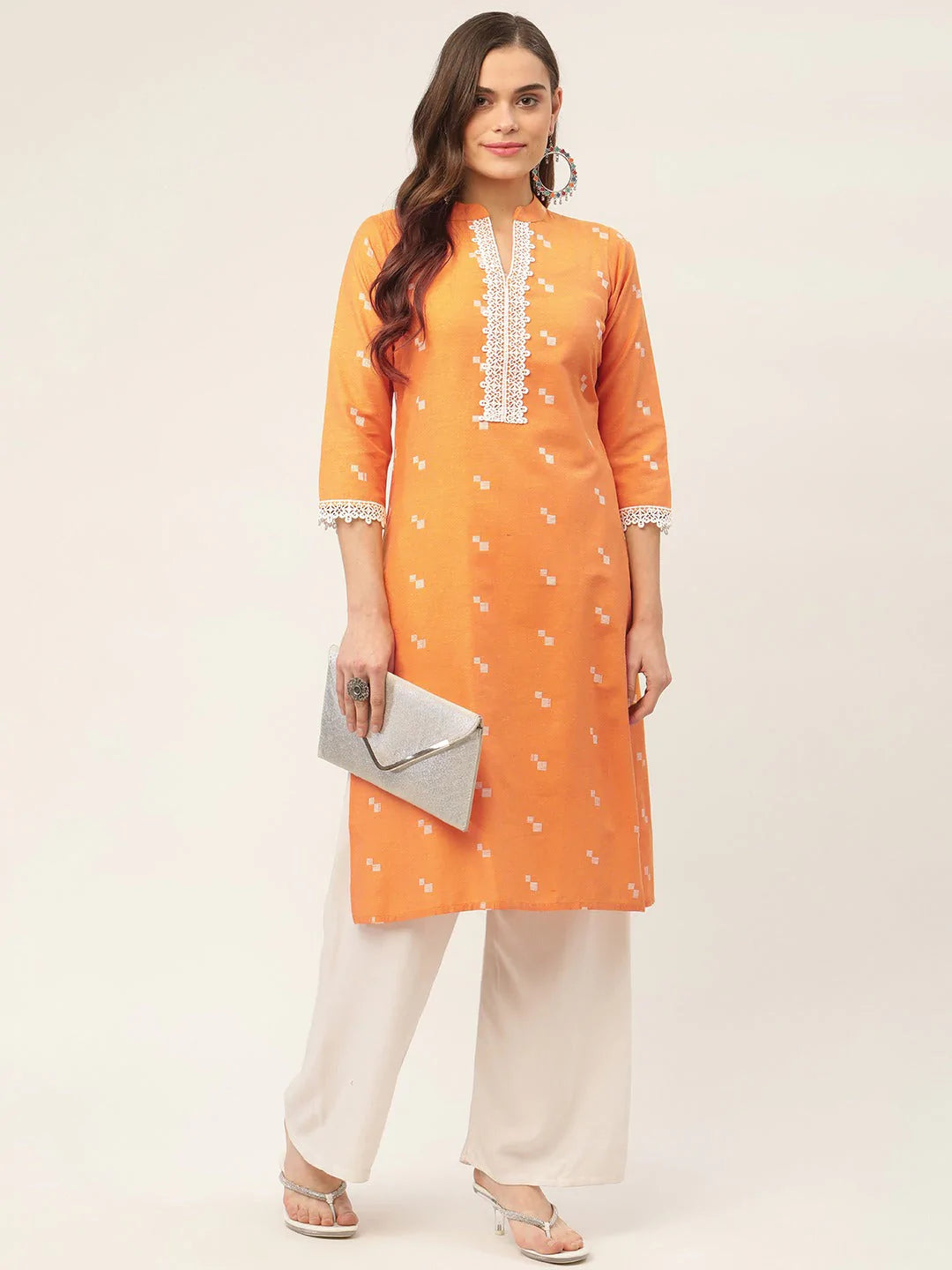 Women Orange Cotton Jacquard Geometric Printed Kurta ( JOK 1431 Orange )