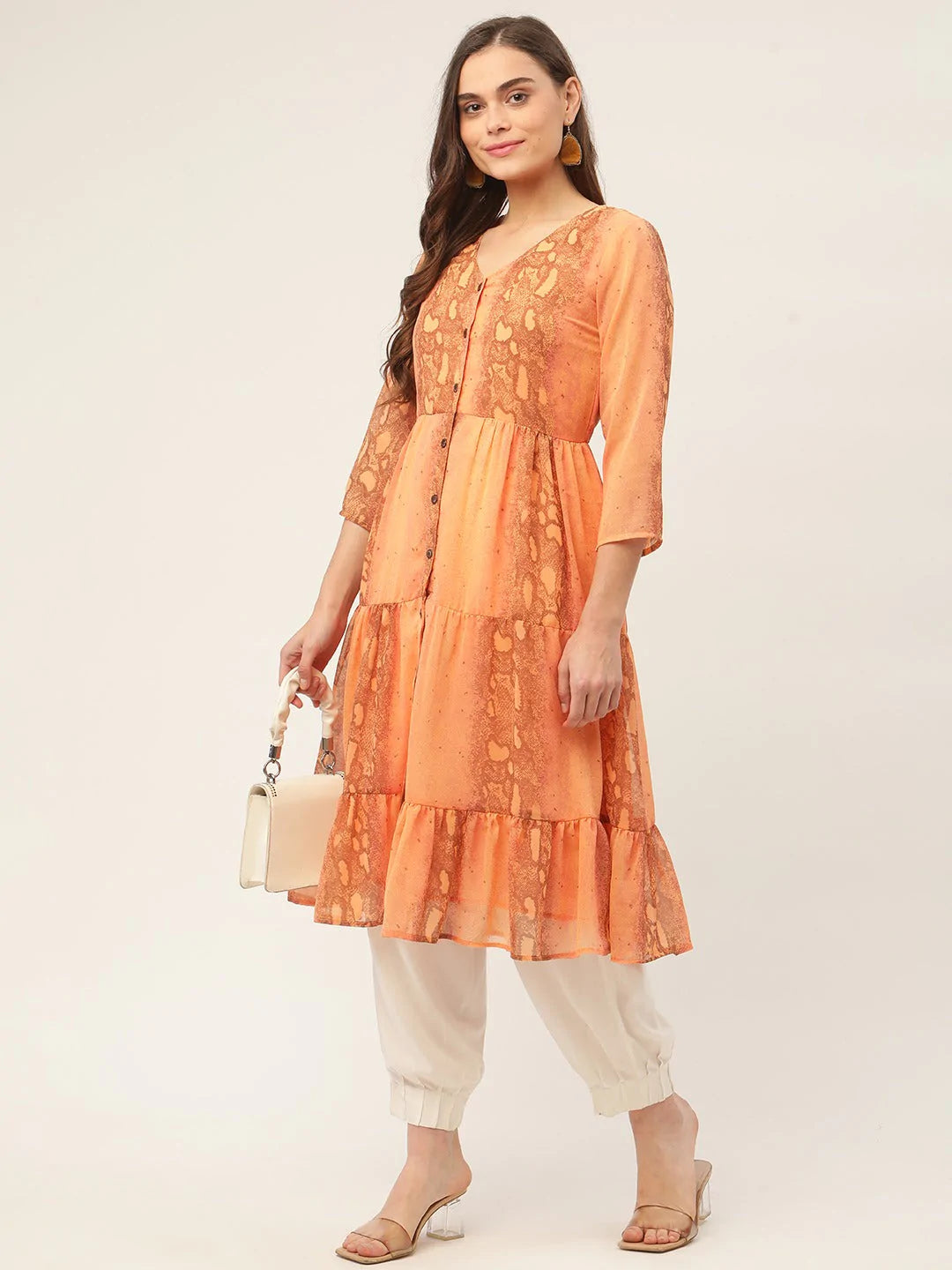 Women Orange Georgette Tiger Printed Kurtas ( JOK 1435 Orange )