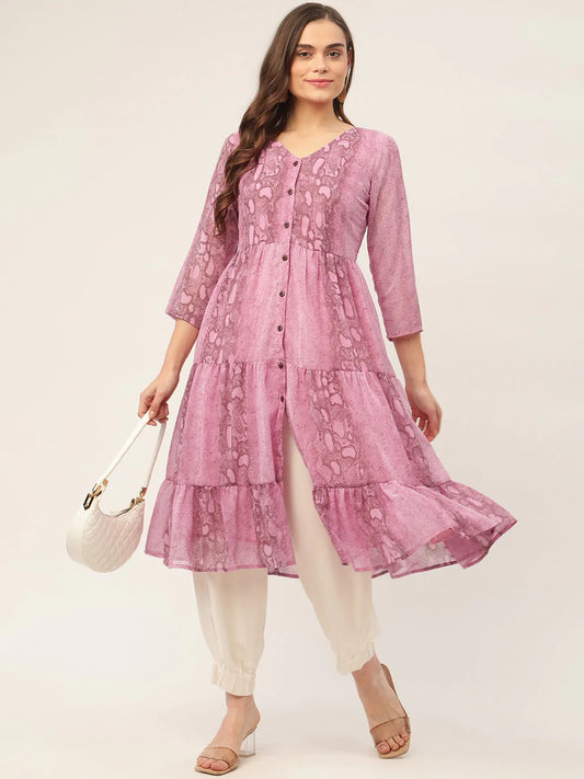 Women Purple Georgette Tiger Printed Kurtas ( JOK 1435 Purple )