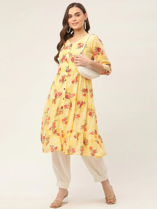 Women Yellow Georgette Floral Printed Kurtas ( JOK 1435 Yellow )