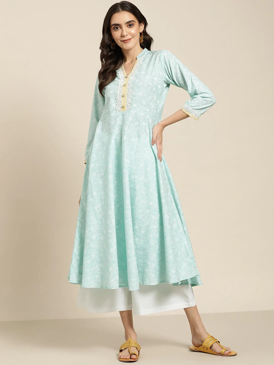 Women Blue & White Ethnic Motifs Printed Lace Detail Anarkali Kurta ( JOK 1436 Blue )