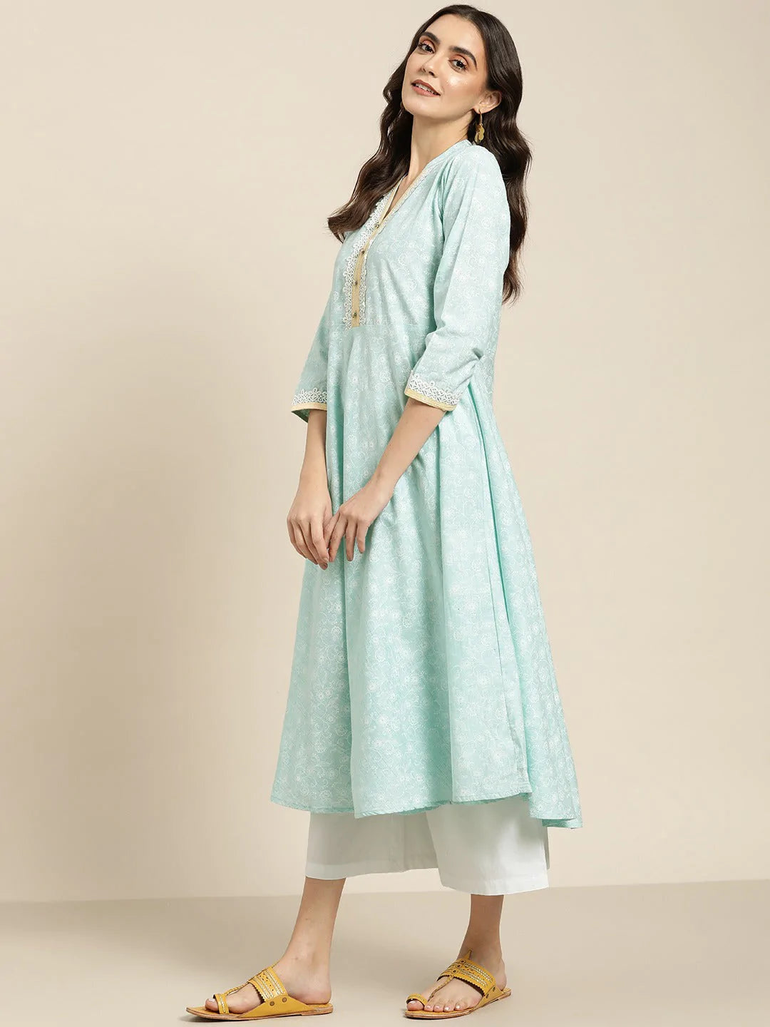 Women Blue & White Ethnic Motifs Printed Lace Detail Anarkali Kurta ( JOK 1436 Blue )