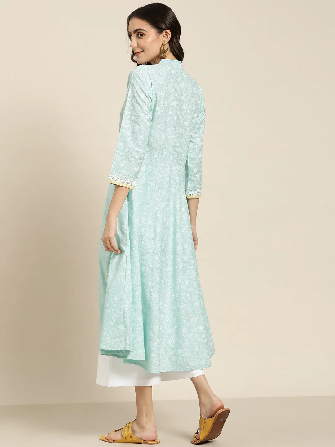 Women Blue & White Ethnic Motifs Printed Lace Detail Anarkali Kurta ( JOK 1436 Blue )
