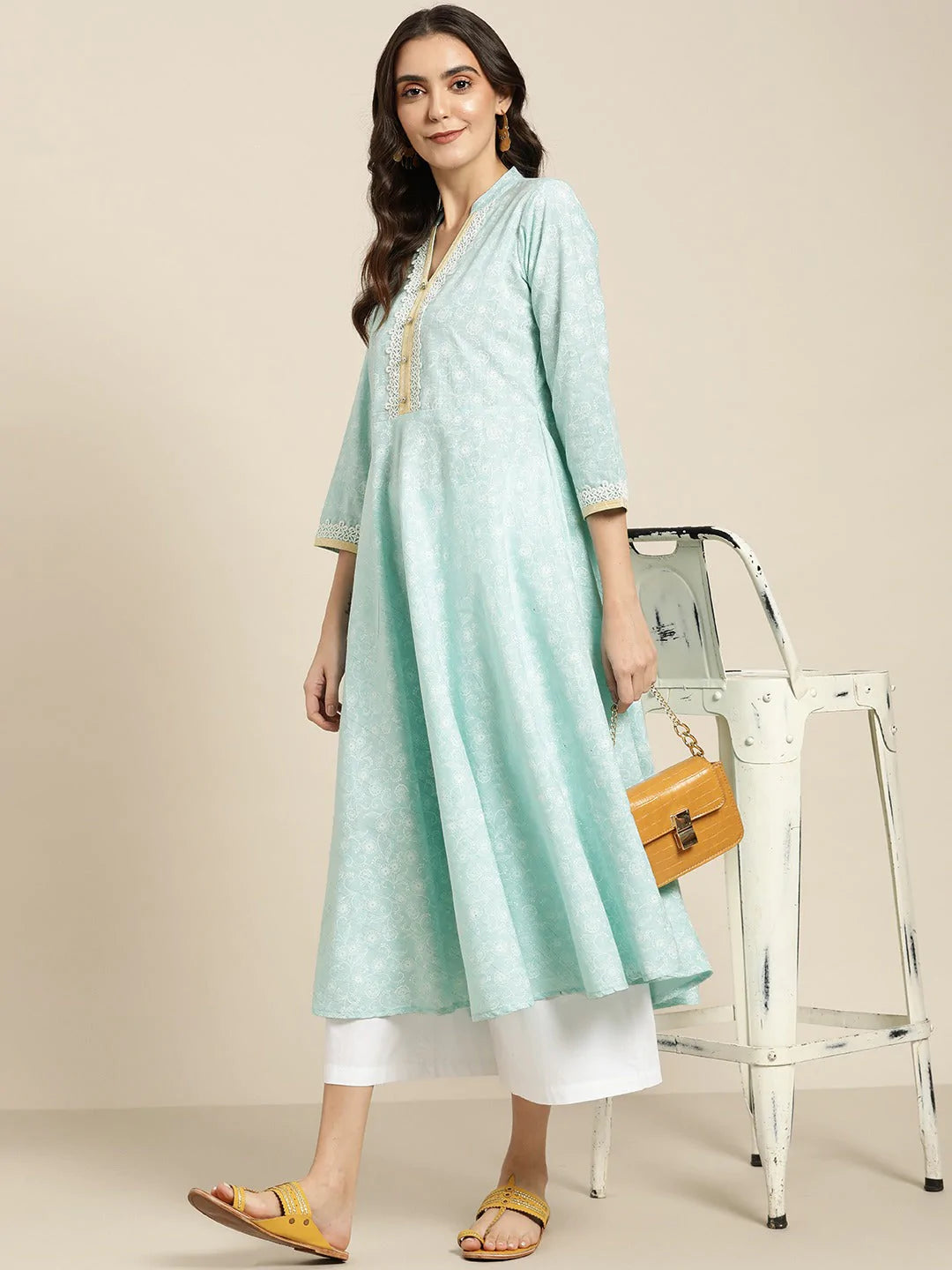 Women Blue & White Ethnic Motifs Printed Lace Detail Anarkali Kurta ( JOK 1436 Blue )