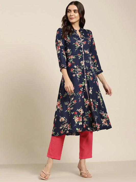 Women Blue & Pink Floral Printed Floral Georgette Anarkali Kurta ( JOK 1437 Blue )