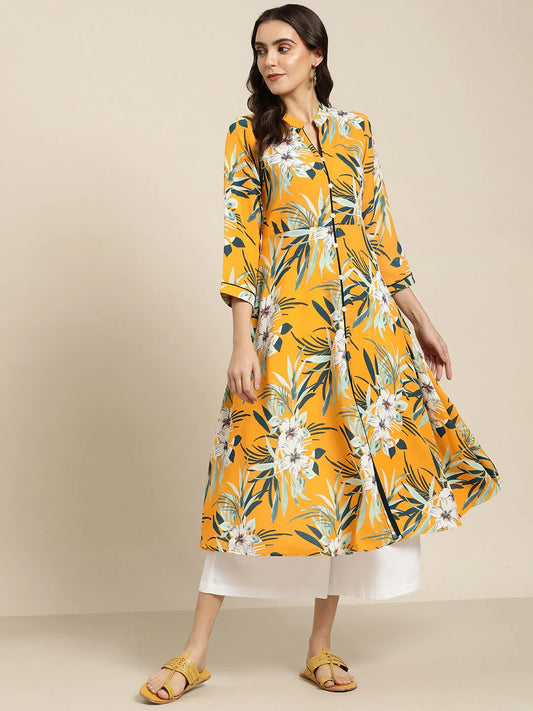 Women Yellow & Teal Blue Floral Printed Floral Georgette Anarkali Kurta ( JOK 1437 Yellow )