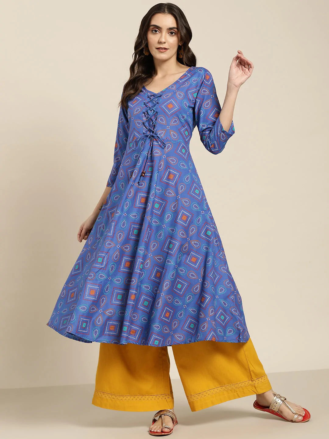 Women Blue Bandhani Printed Anarkali Kurta ( JOK 1439 Blue )