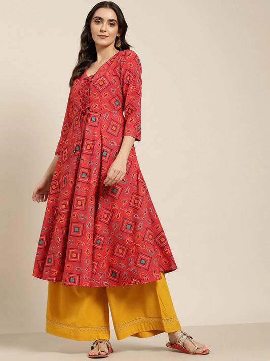 Women Red Bandhani Printed Anarkali Kurta ( JOK 1439 Red )