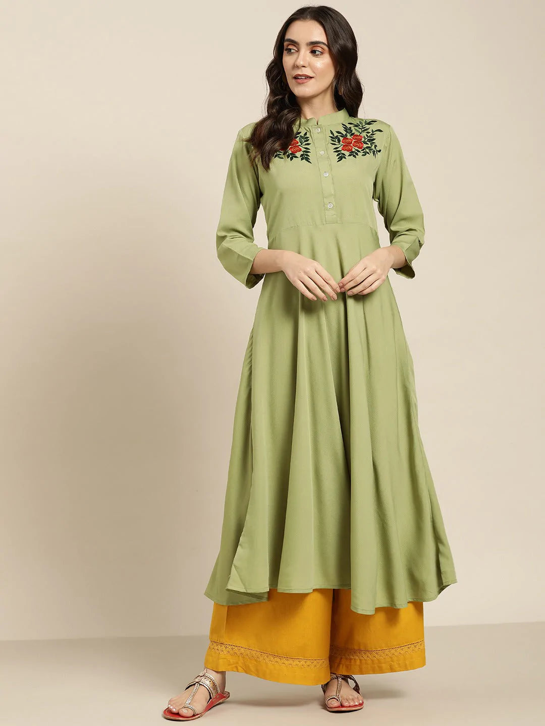 Women Green & Red Floral Embroidered Georgette Anarkali Kurta ( JOK 1441 Green )