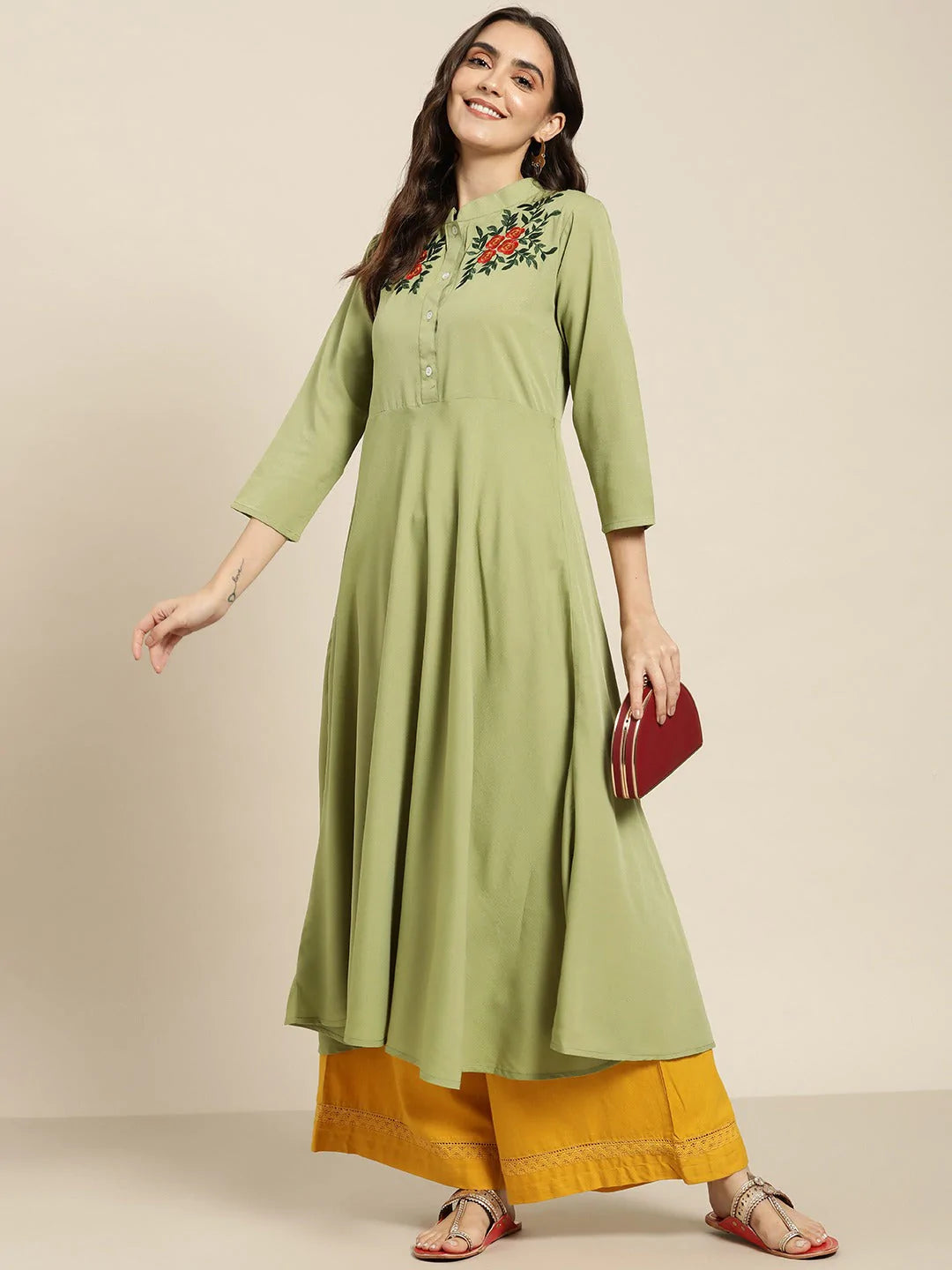 Women Green & Red Floral Embroidered Georgette Anarkali Kurta ( JOK 1441 Green )