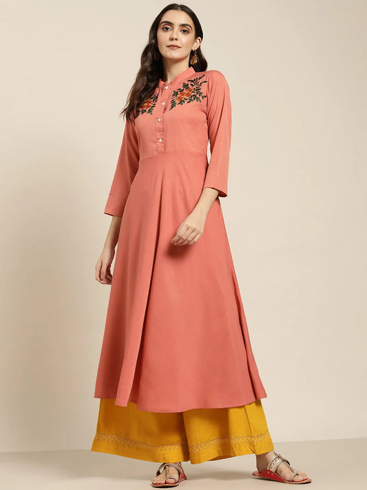 Women Rust Red & Green Floral Embroidered Georgette Anarkali Kurta ( JOK 1441 Rust )