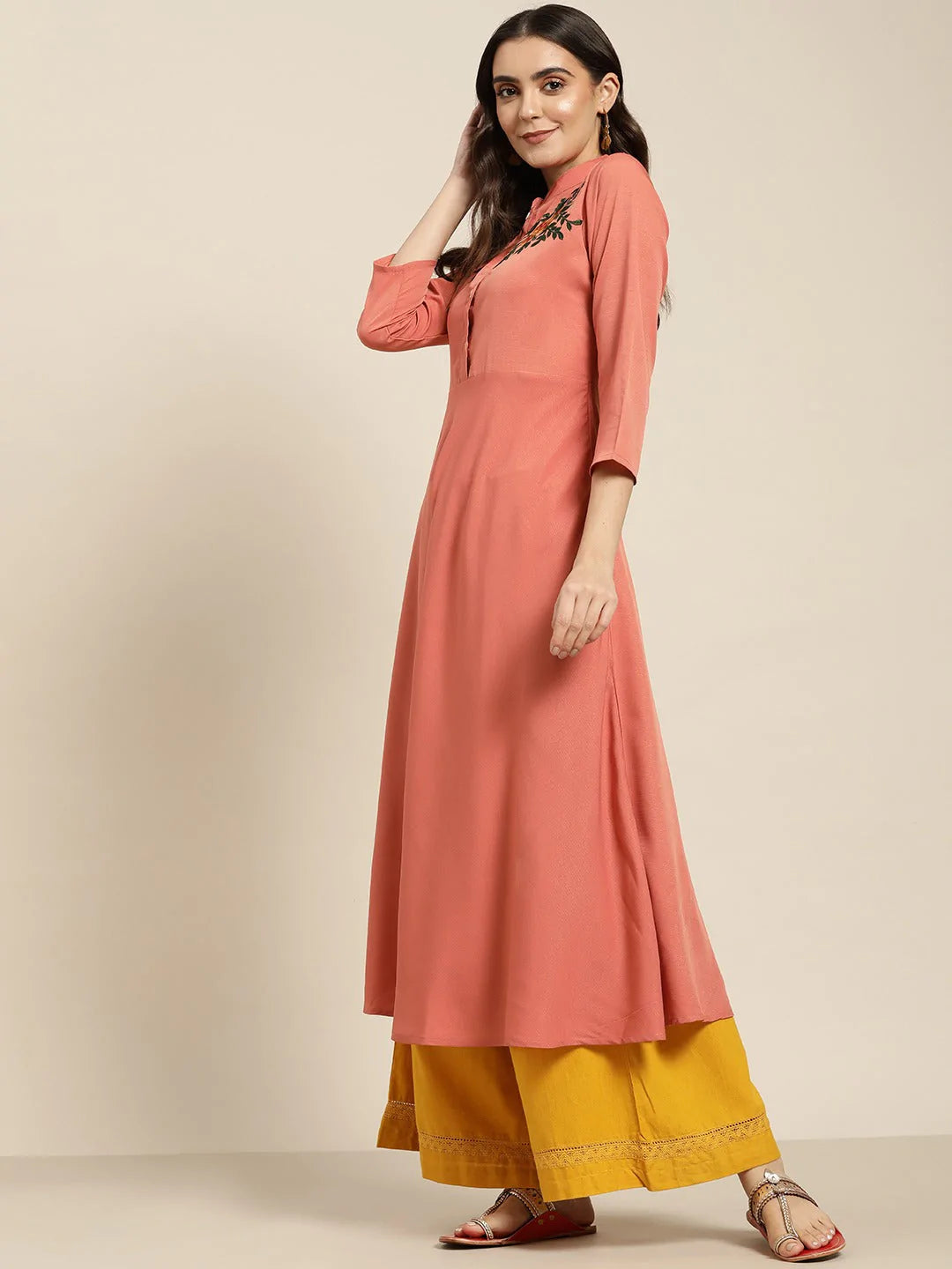 Women Rust Red & Green Floral Embroidered Georgette Anarkali Kurta ( JOK 1441 Rust )
