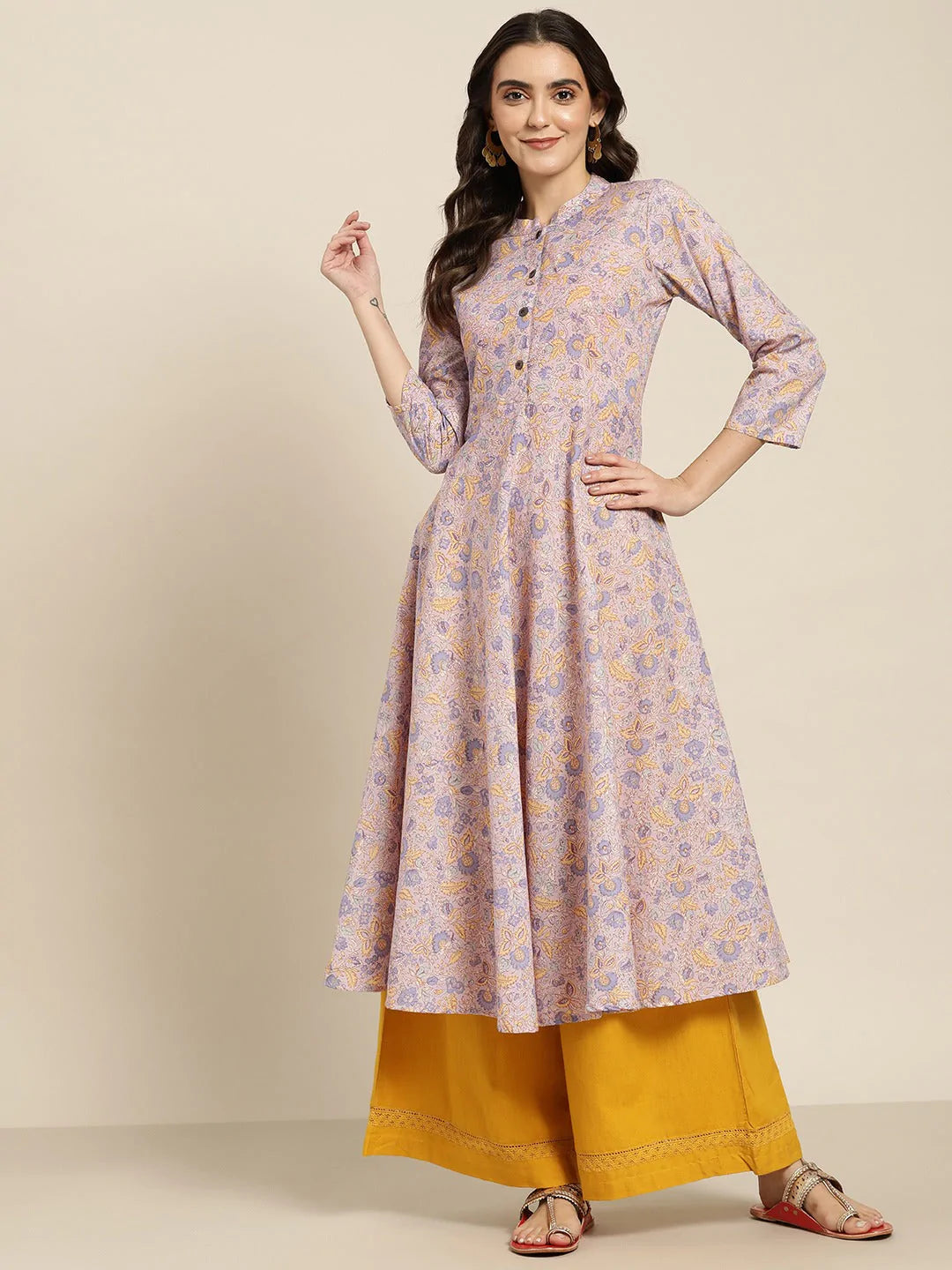 Women Purple and yellow Printed Anarkali Kurta ( JOK 1442 Purple )
