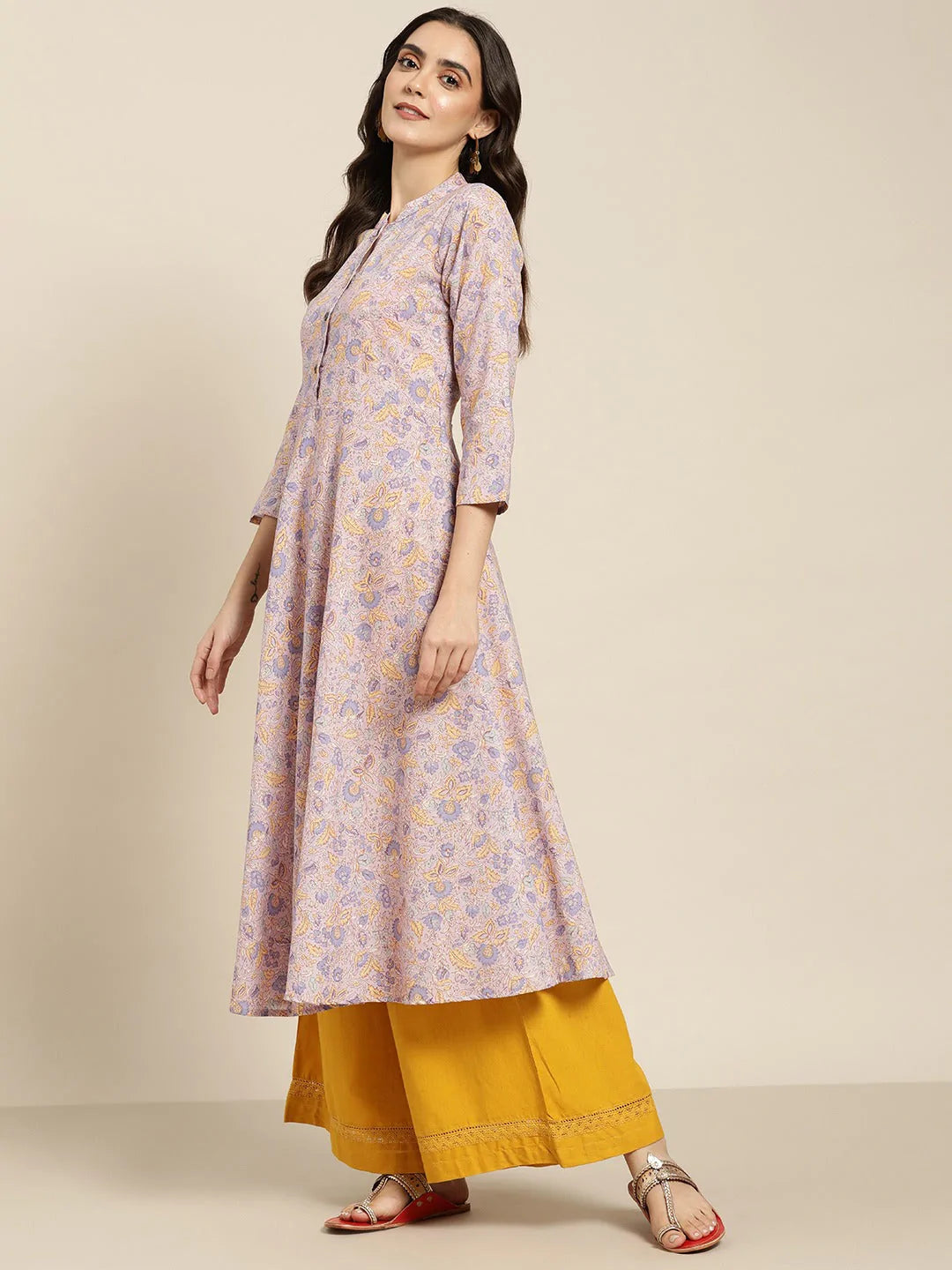 Women Purple and yellow Printed Anarkali Kurta ( JOK 1442 Purple )