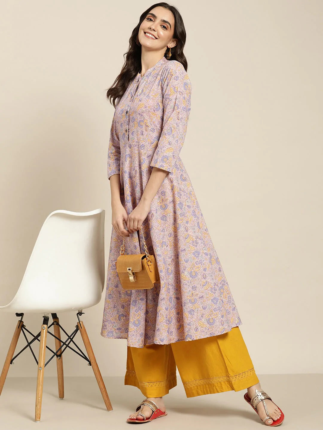 Women Purple and yellow Printed Anarkali Kurta ( JOK 1442 Purple )
