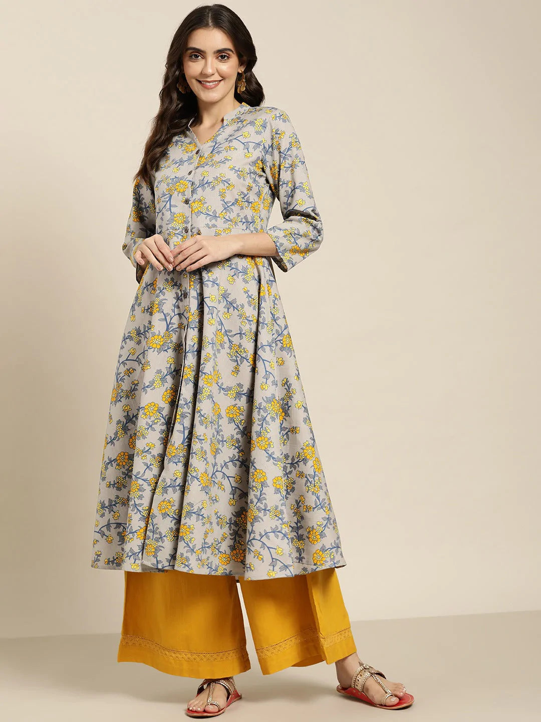 Women Grey and yellow Printed Anarkali Kurta ( JOK 1445 Grey )