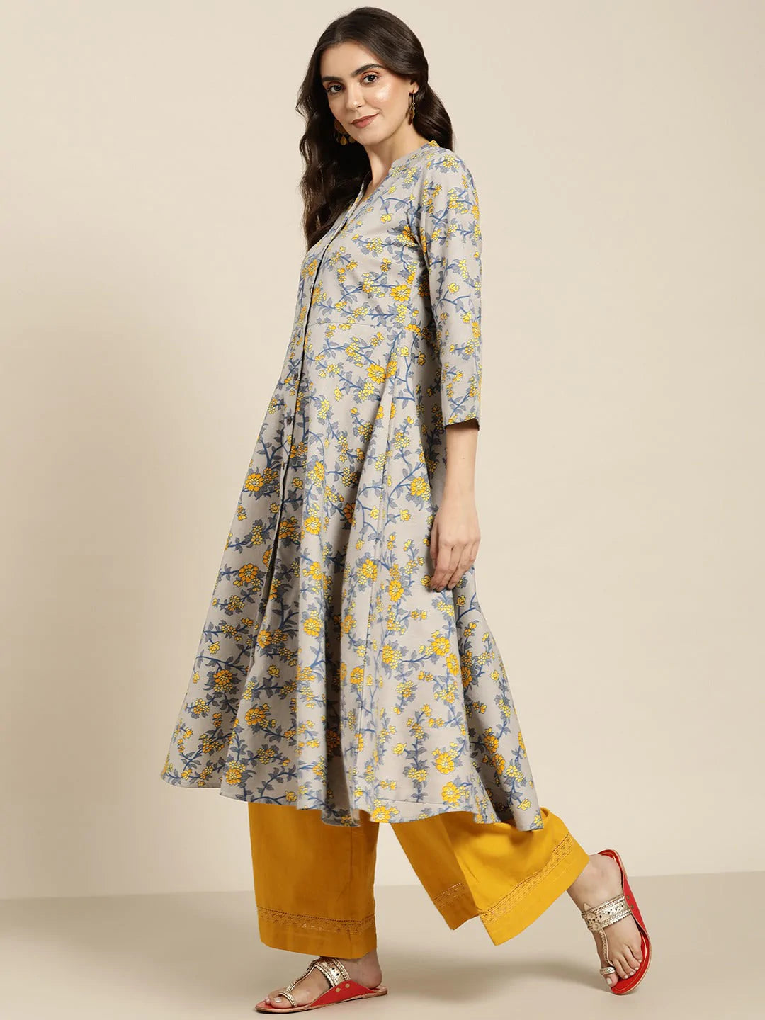 Women Grey and yellow Printed Anarkali Kurta ( JOK 1445 Grey )
