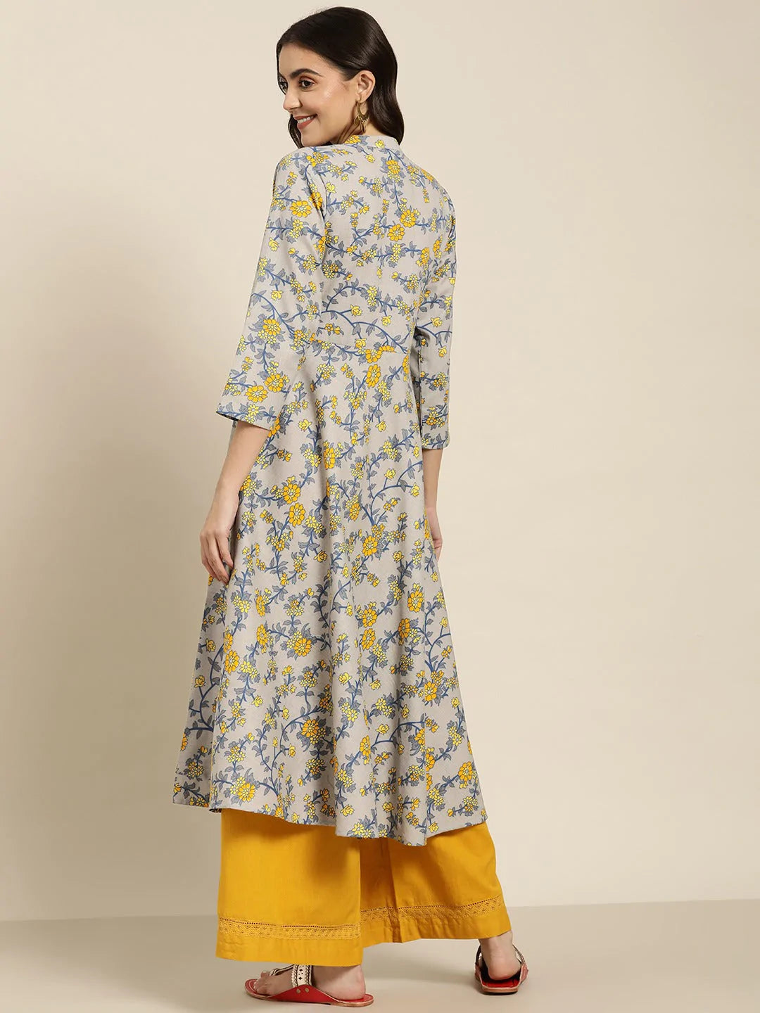 Women Grey and yellow Printed Anarkali Kurta ( JOK 1445 Grey )