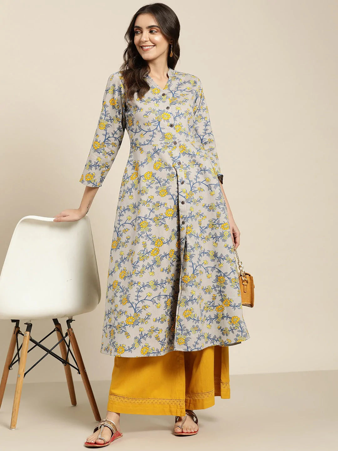 Women Grey and yellow Printed Anarkali Kurta ( JOK 1445 Grey )