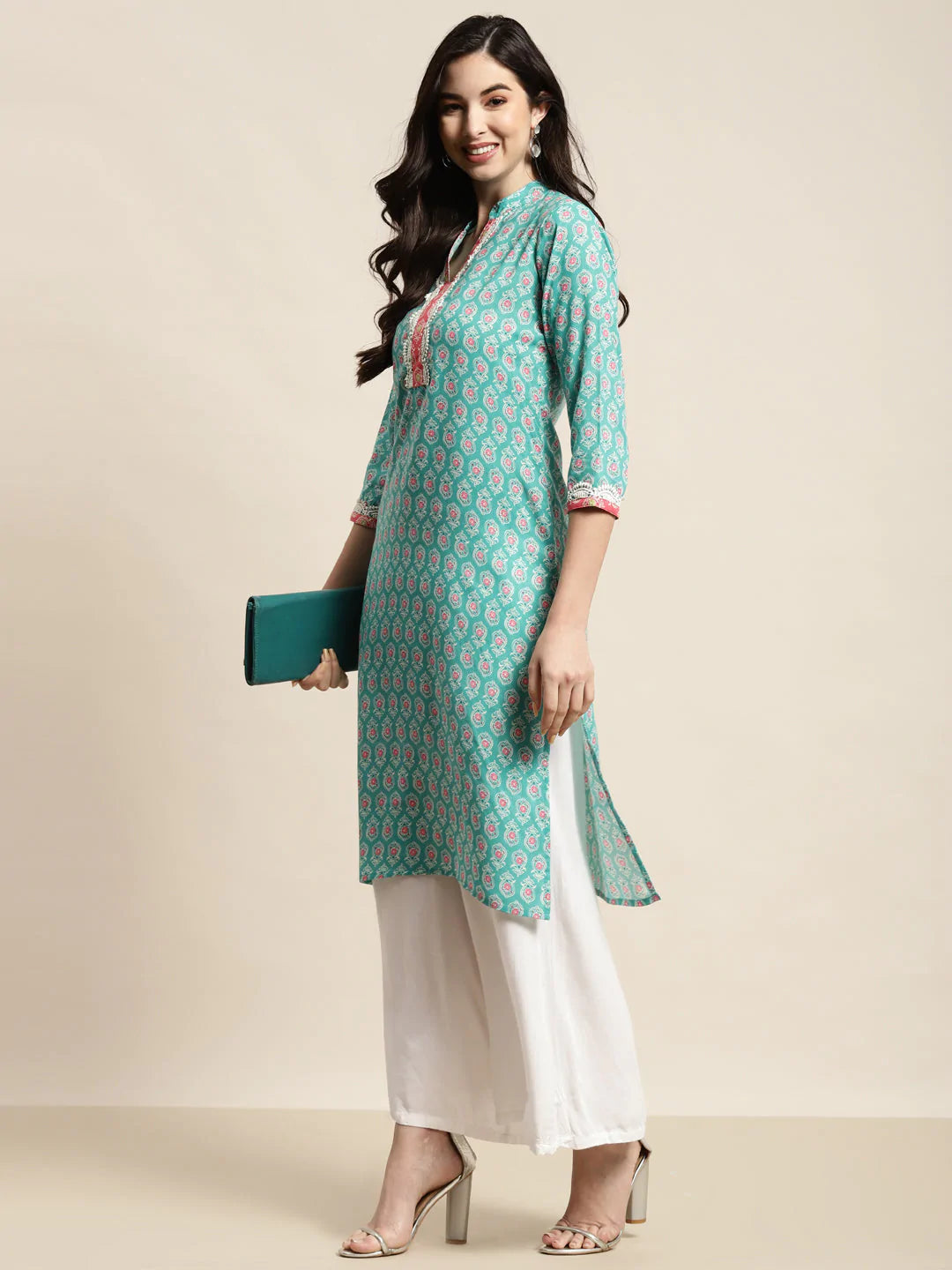 Ethnic Motifs Thread Work  Kurta ( JOK 1446 Blue )