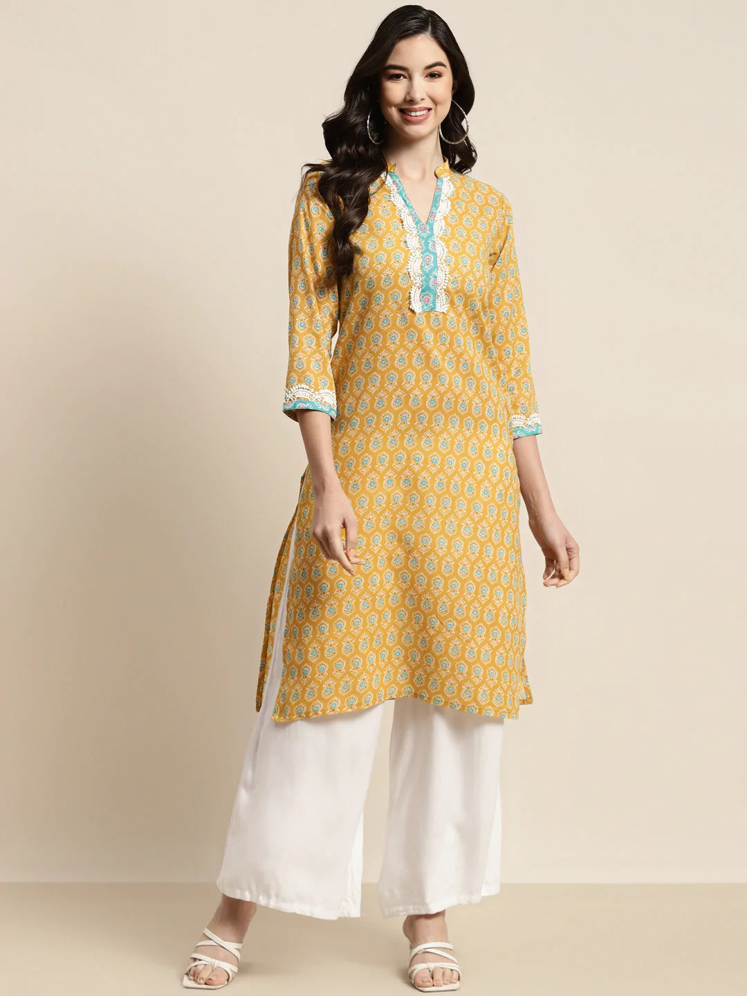 Ethnic Motifs Thread Work  Kurta ( JOK 1446 Yellow )