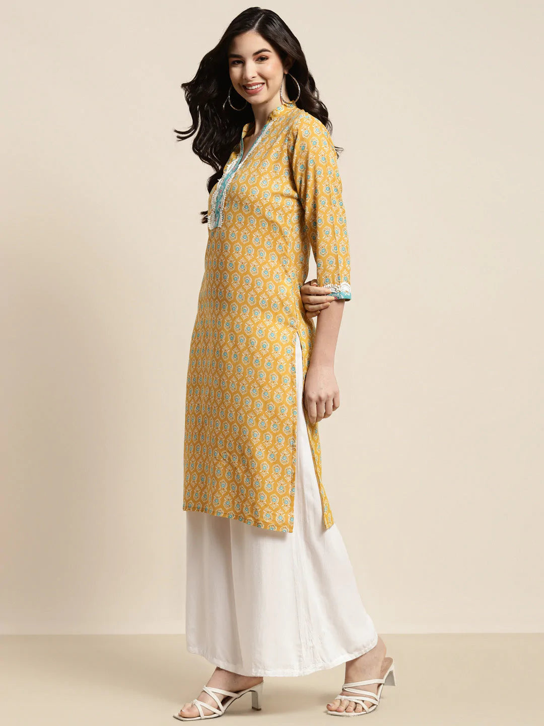 Ethnic Motifs Thread Work  Kurta ( JOK 1446 Yellow )