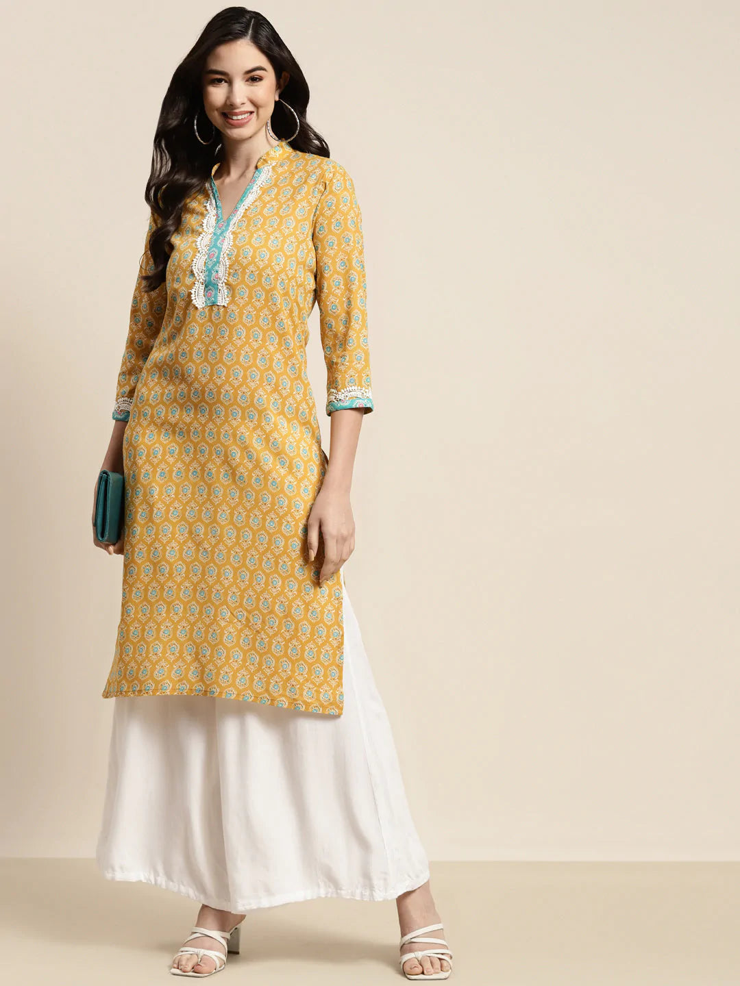 Ethnic Motifs Thread Work  Kurta ( JOK 1446 Yellow )
