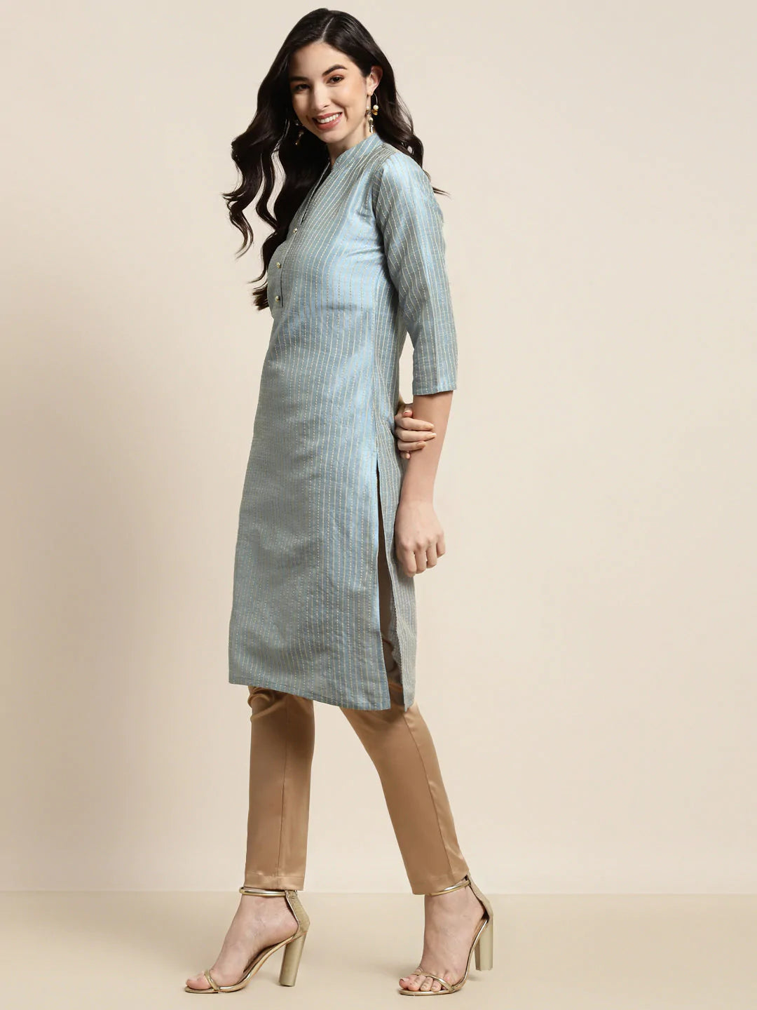 Grey Striped Thread Work Kurta ( JOK 1450 Grey )