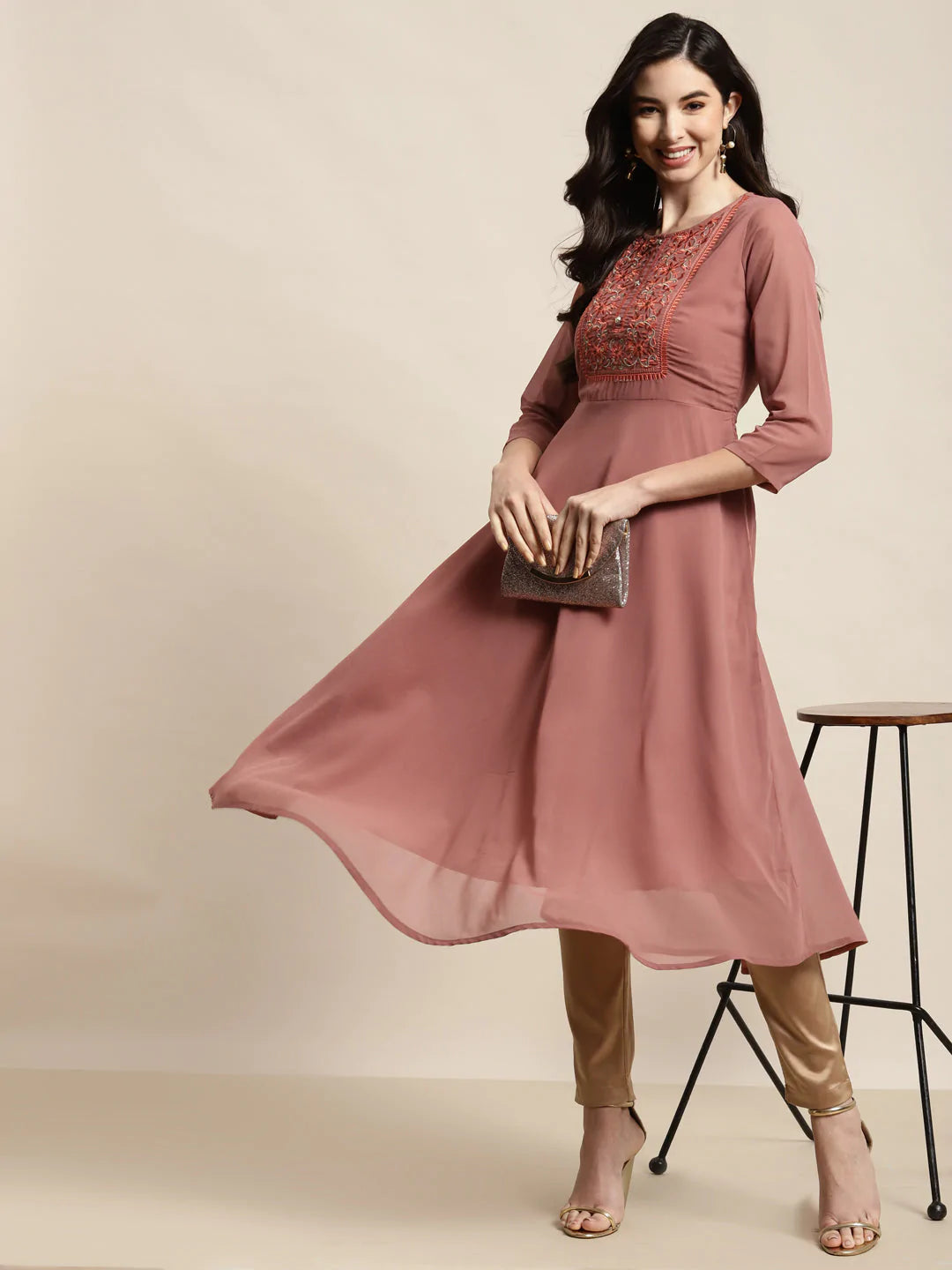 Yoke Design Georgette Anarkali Kurta ( JOK 1451 Rust )