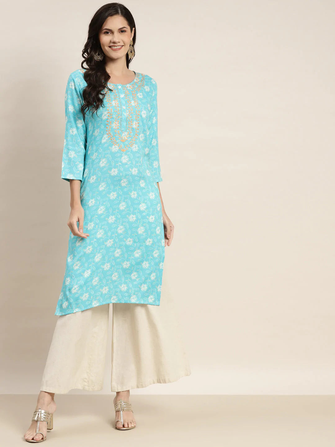 Floral Printed Embroidered Detail Kurta ( JOK 1463 Sky )