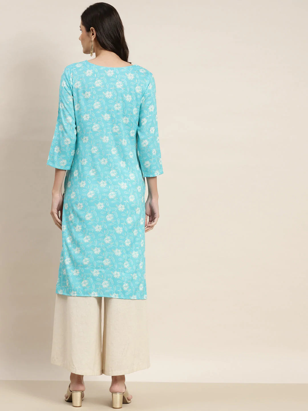 Floral Printed Embroidered Detail Kurta ( JOK 1463 Sky )
