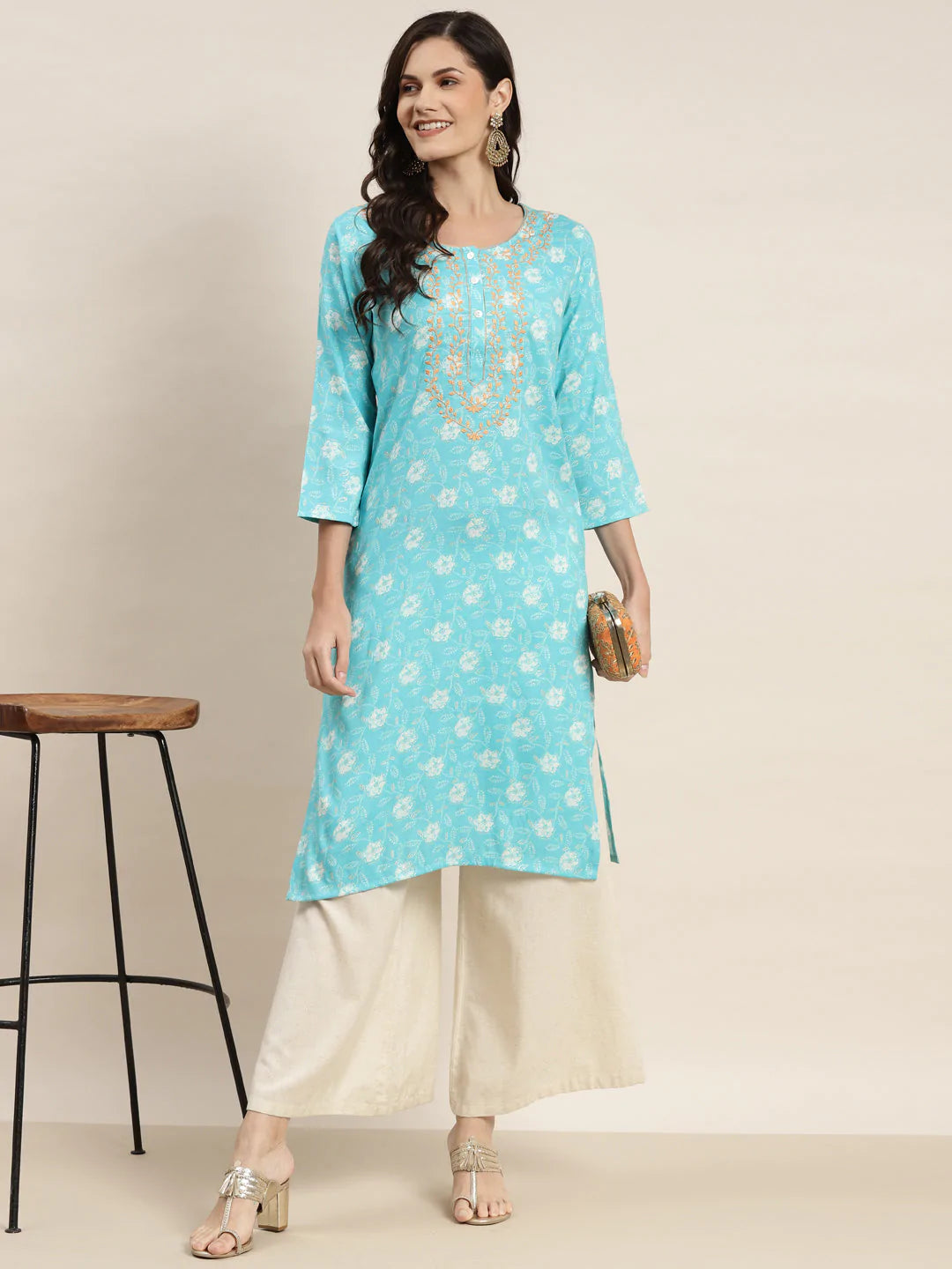 Floral Printed Embroidered Detail Kurta ( JOK 1463 Sky )