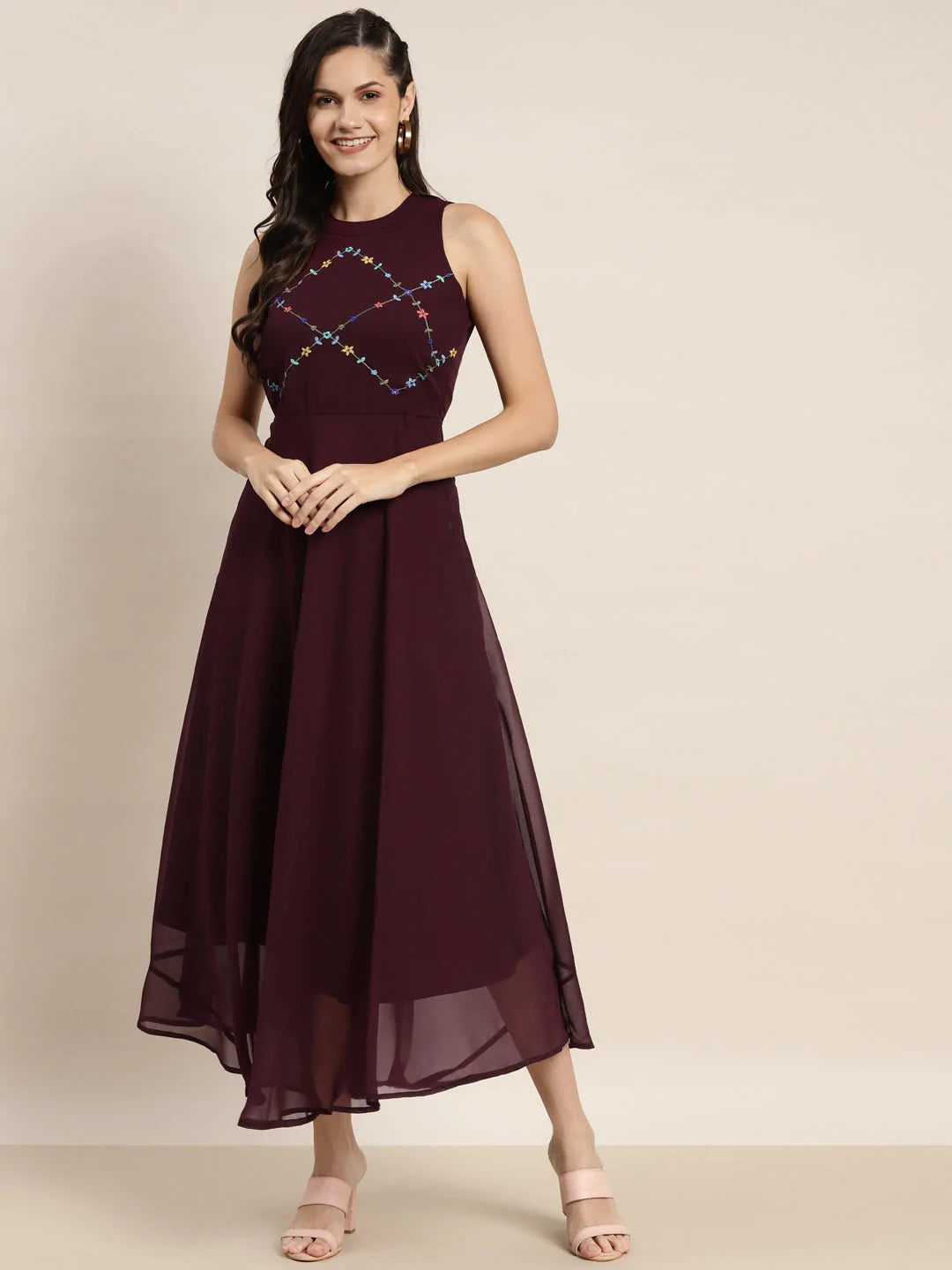 Embroidered A-Line Midi Dress ( JOK 1474 Purple )
