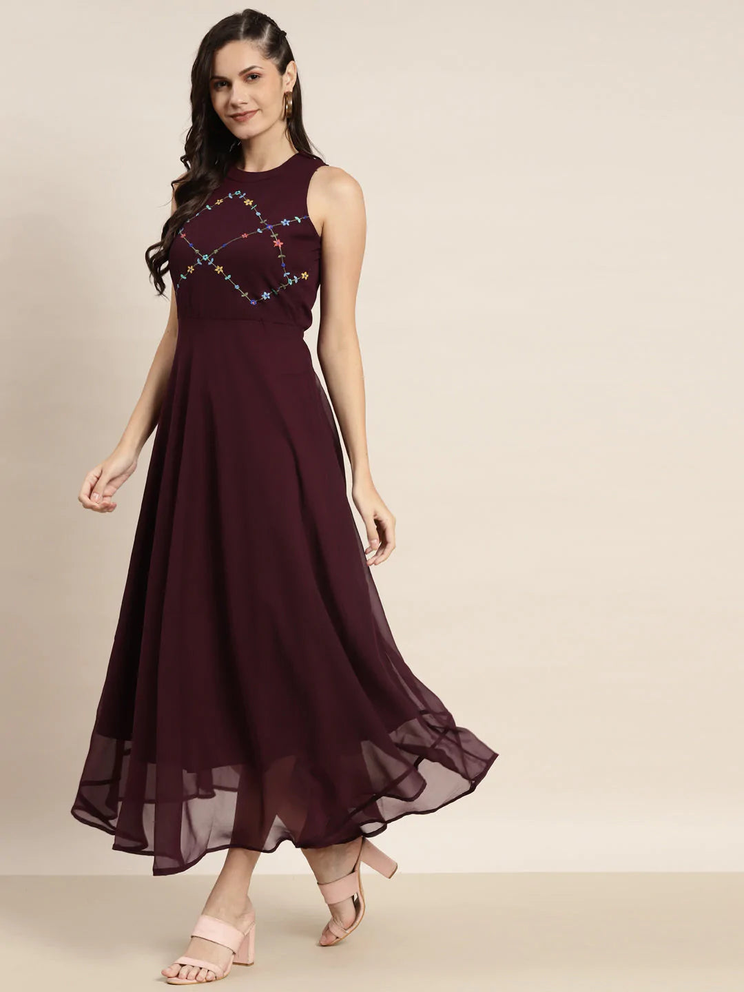 Embroidered A-Line Midi Dress ( JOK 1474 Purple )