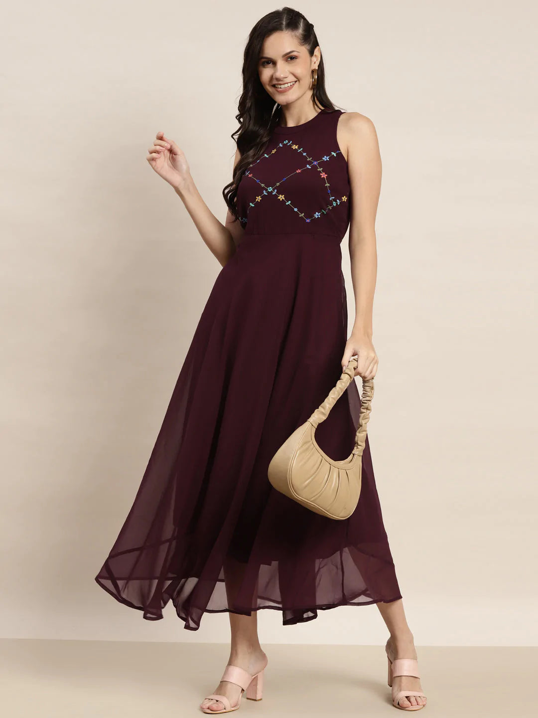 Embroidered A-Line Midi Dress ( JOK 1474 Purple )