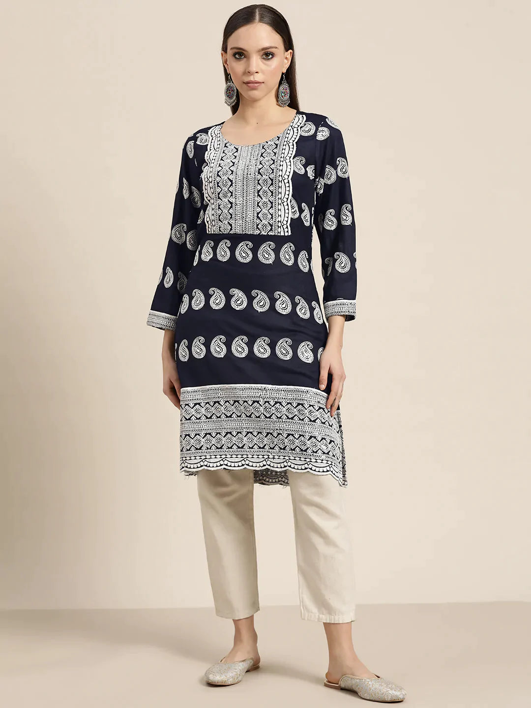 Women Paisley Embroidered Sequinned Chikankari Kurta ( JOK 1479 Navy )