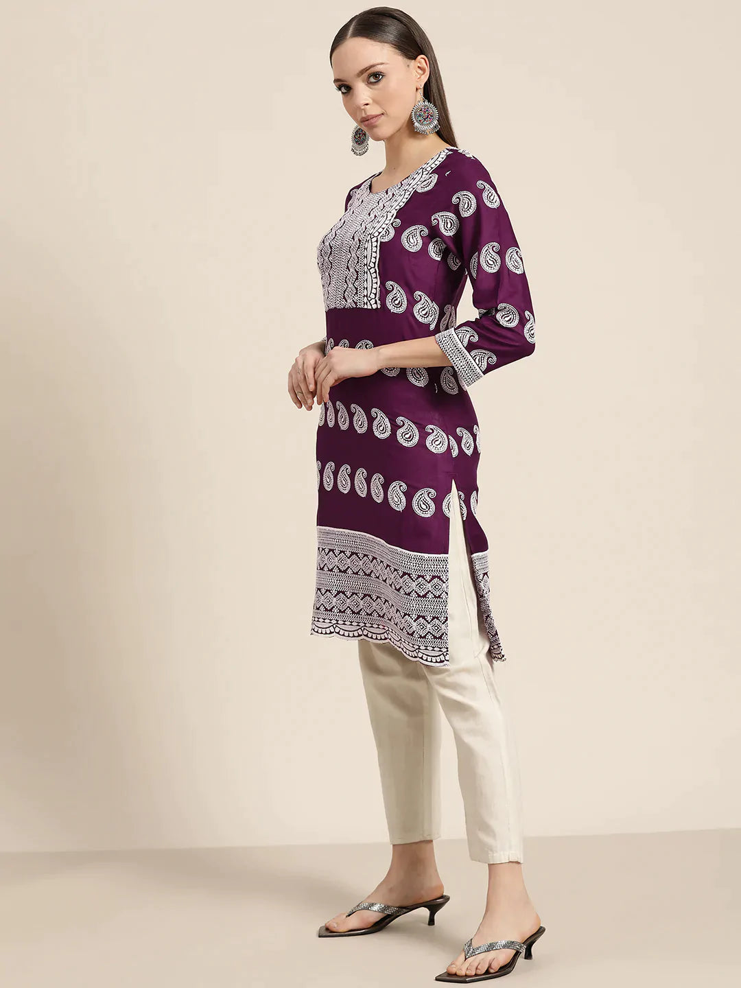 Women Paisley Embroidered Sequinned Chikankari Kurta ( JOK 1479 Purple )