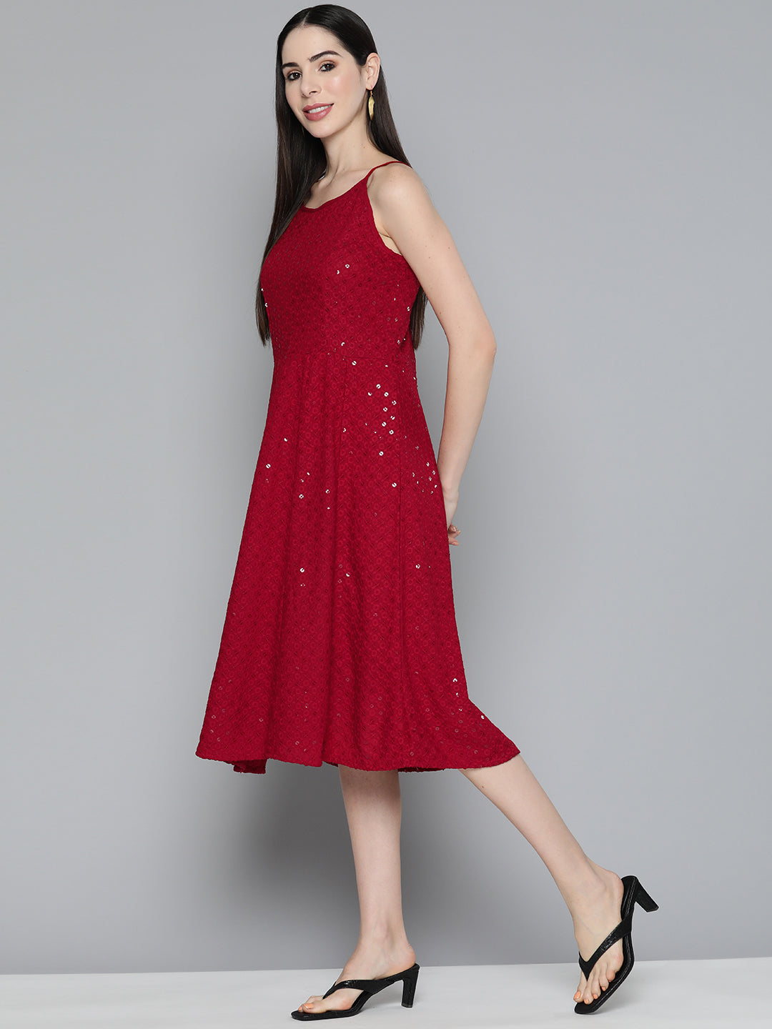 Jompers Maroon Floral Sequin Embroidered A-Line Midi Dress ( JOK 1494 Maroon )