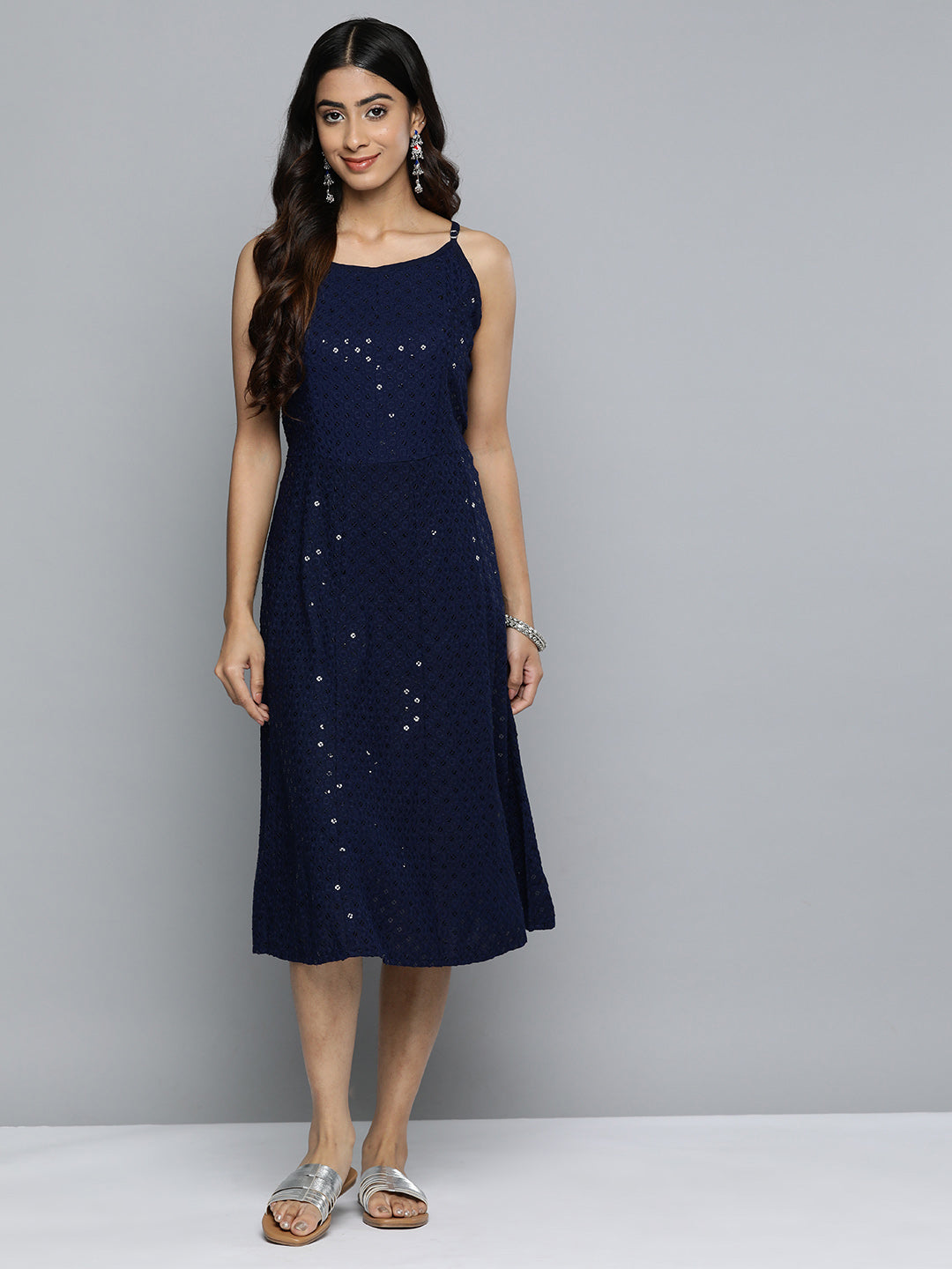 Jompers Navy Floral Sequin Embroidered A-Line Midi Dress ( JOK 1494 Navy )