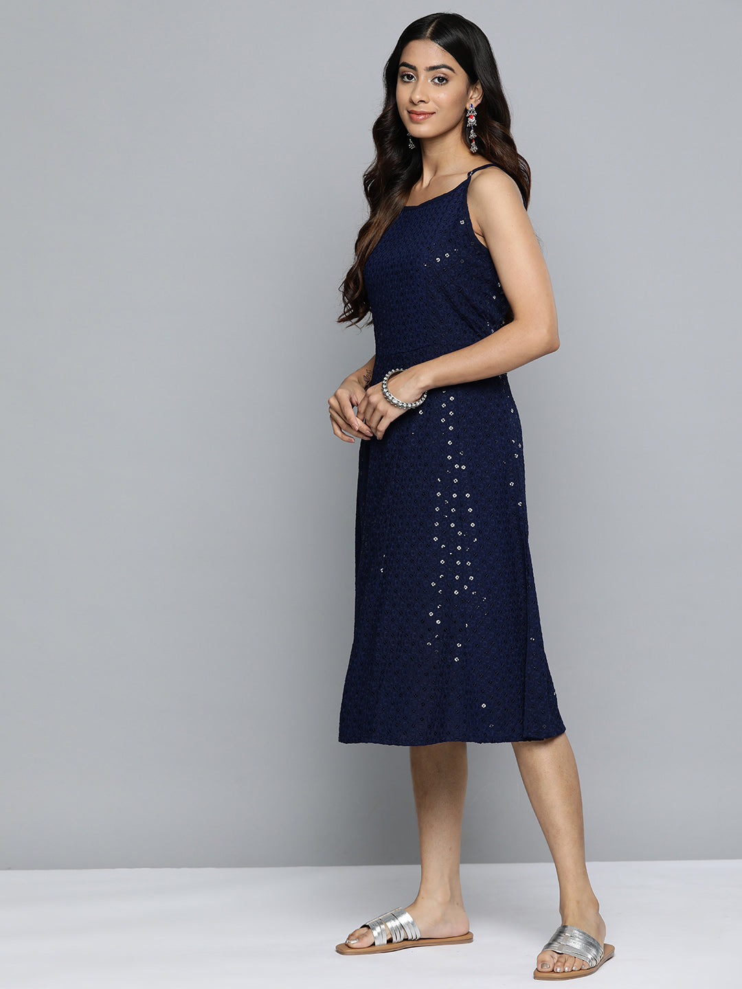 Jompers Navy Floral Sequin Embroidered A-Line Midi Dress ( JOK 1494 Navy )