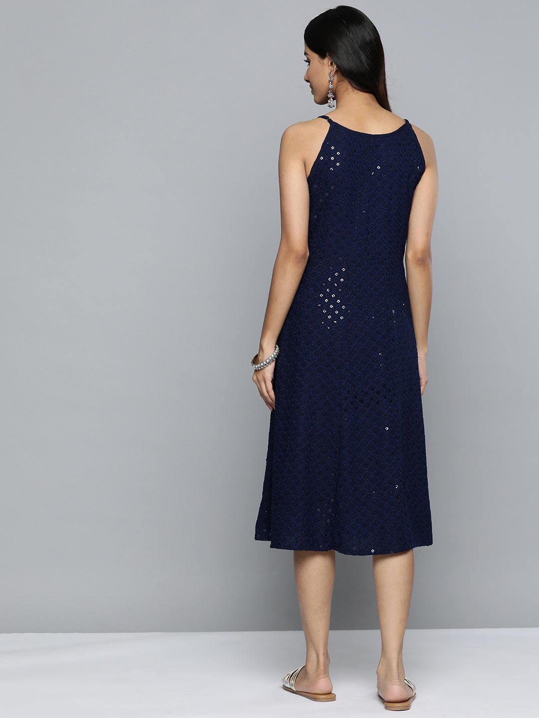 Jompers Navy Floral Sequin Embroidered A-Line Midi Dress ( JOK 1494 Navy )