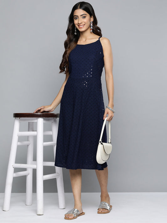 Jompers Navy Floral Sequin Embroidered A-Line Midi Dress ( JOK 1494 Navy )