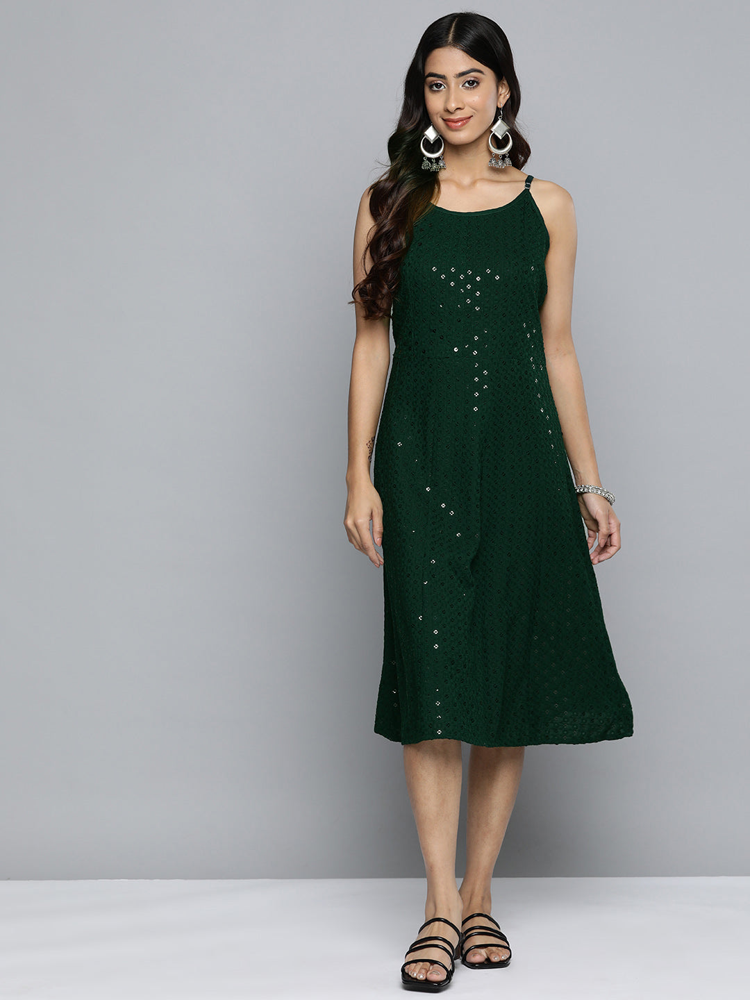 Jompers Olive Floral Sequin Embroidered A-Line Midi Dress ( JOK 1494 Olive )