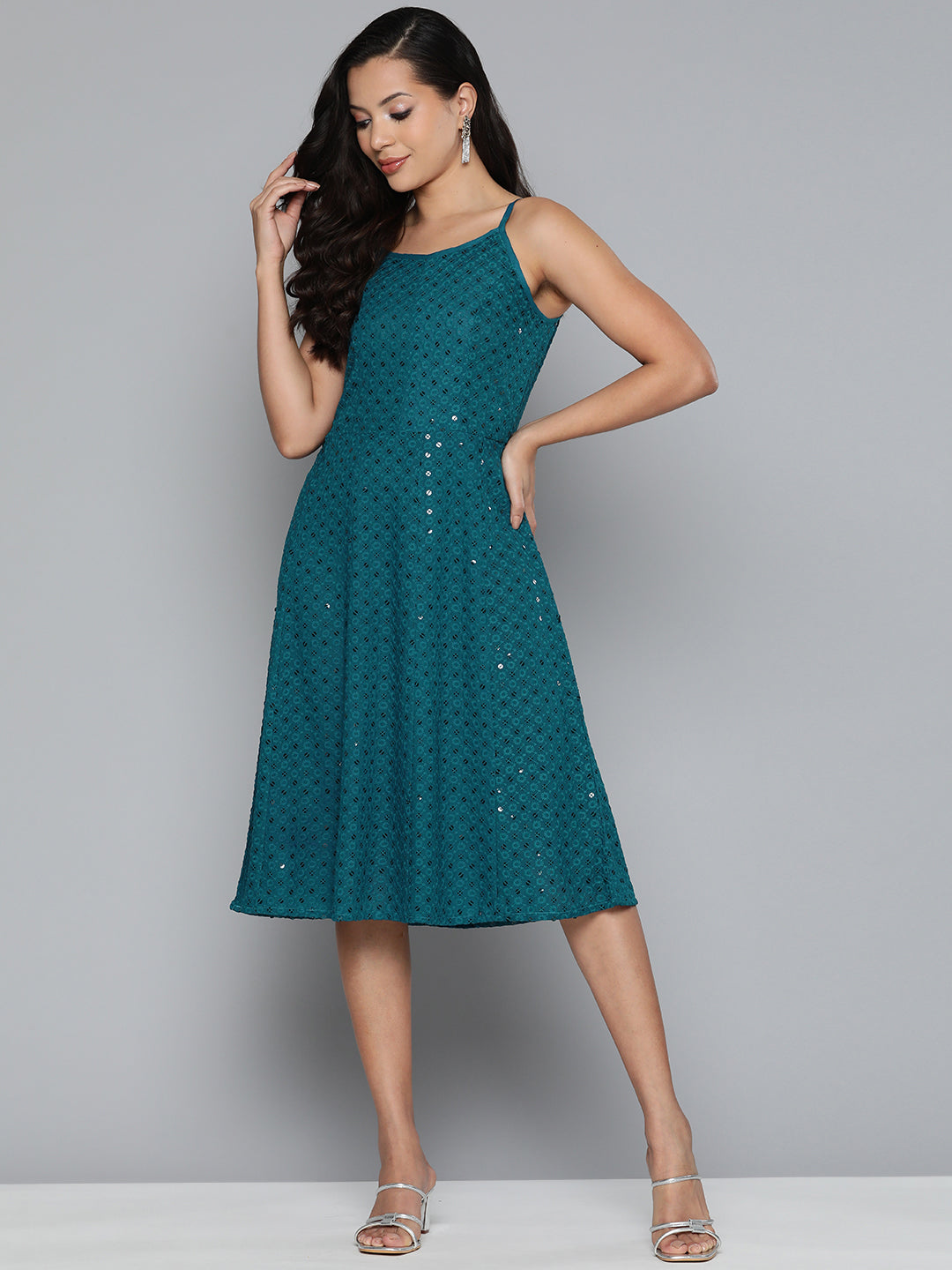 Jompers Blue Floral Sequin Embroidered A-Line Midi Dress ( JOK 1494 Peacock )