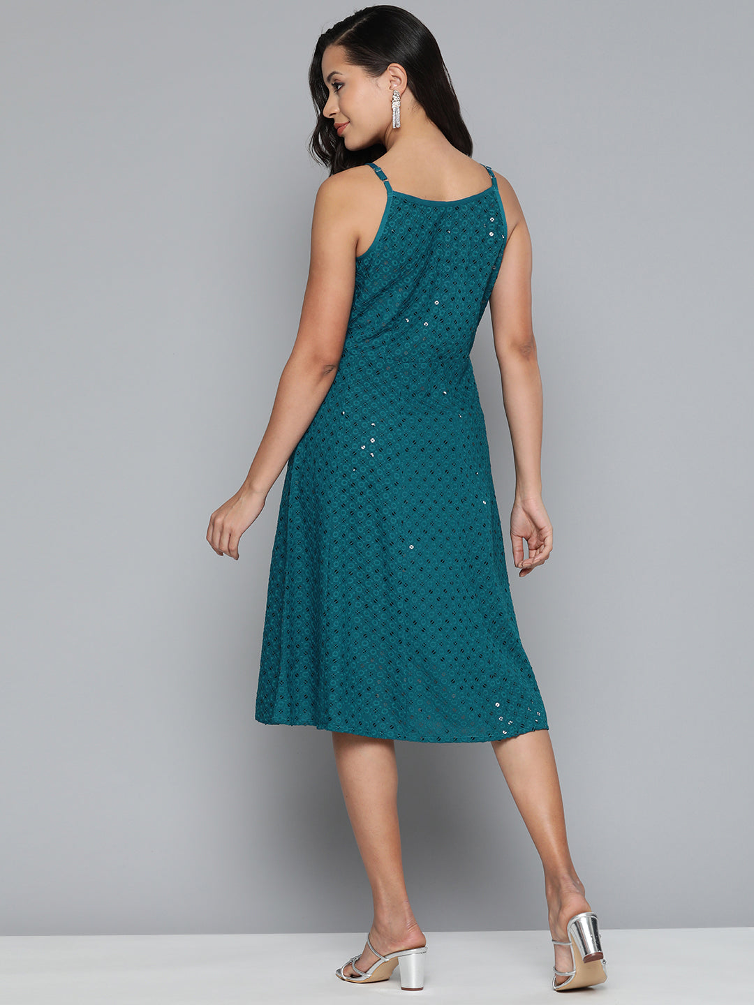Jompers Blue Floral Sequin Embroidered A-Line Midi Dress ( JOK 1494 Peacock )