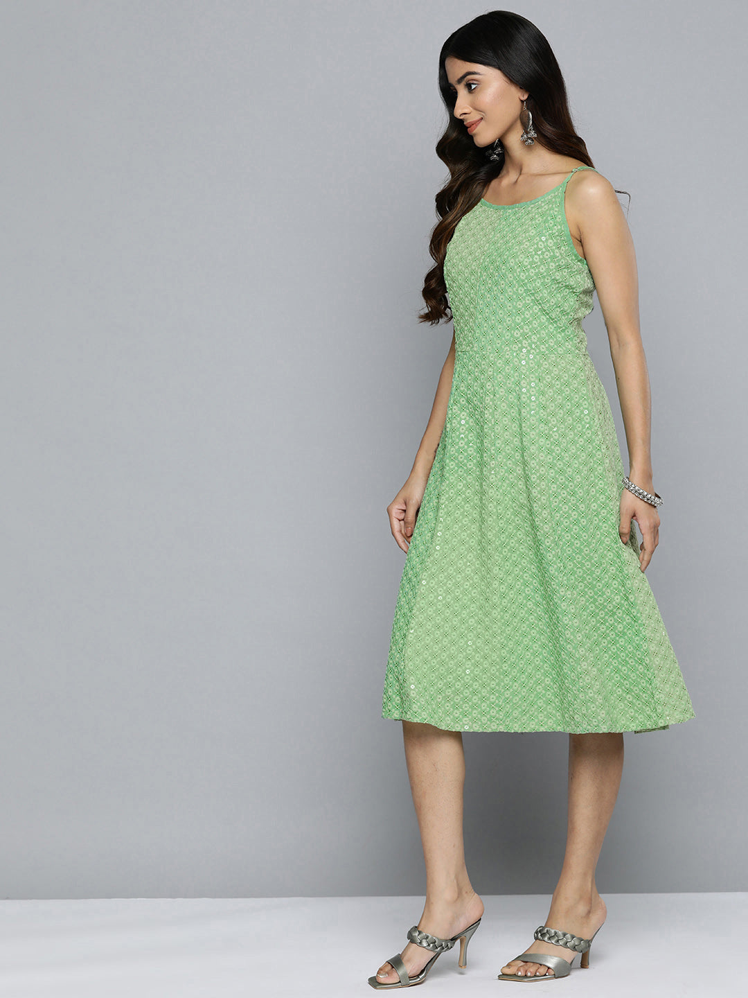 Jompers Green Floral Sequin Embroidered A-Line Midi Dress ( JOK 1494 Pista )