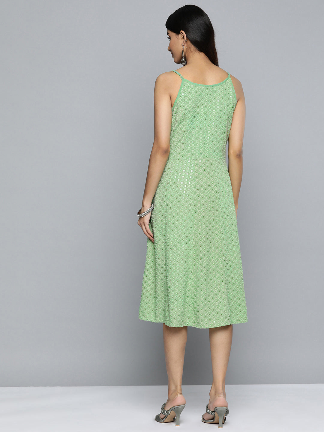Jompers Green Floral Sequin Embroidered A-Line Midi Dress ( JOK 1494 Pista )