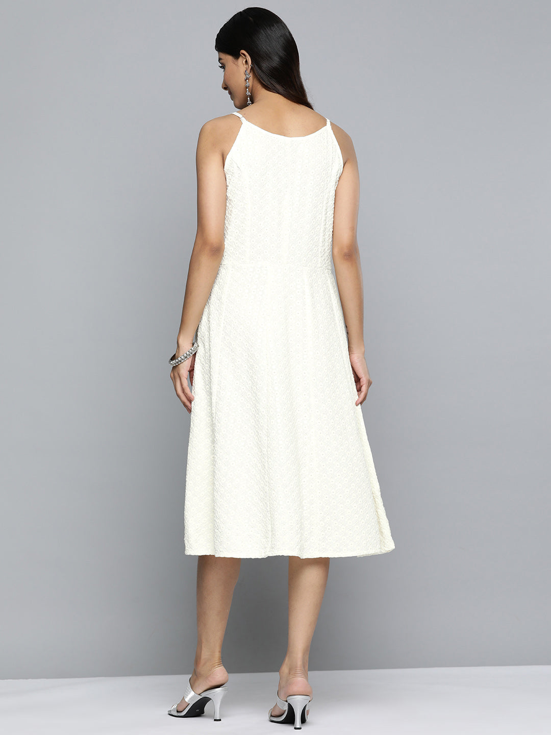 Jompers White Floral Sequin Embroidered A-Line Midi Dress ( JOK 1494 White )